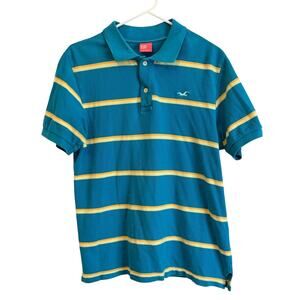 Hollister Y2K Polo Shirt Mens Large Teal Striped Seagull Logo Pico Knit Preppy